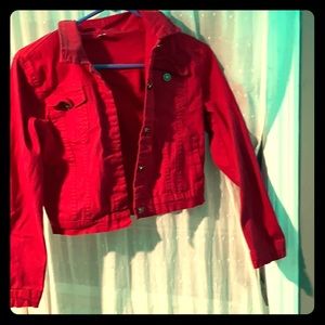 red cropped jean jacket